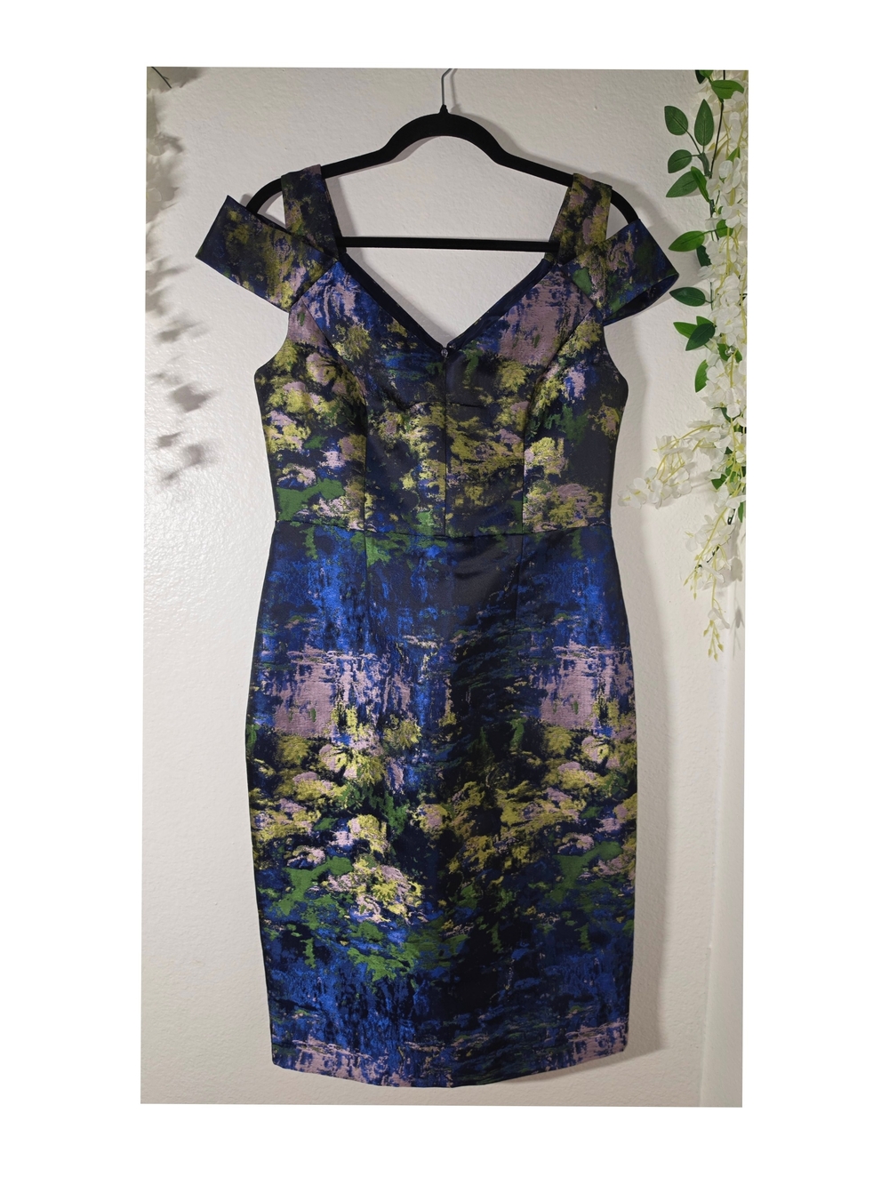 Maggy London One-Shoulder Floral Sheath in Navy, Green and Purple